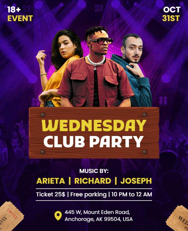 Vibrant Purple Wednesday Club Party Poster Template
