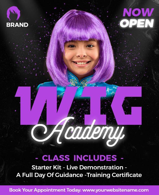 Vibrant Purple Wig Academy Training Classes Flyer Template