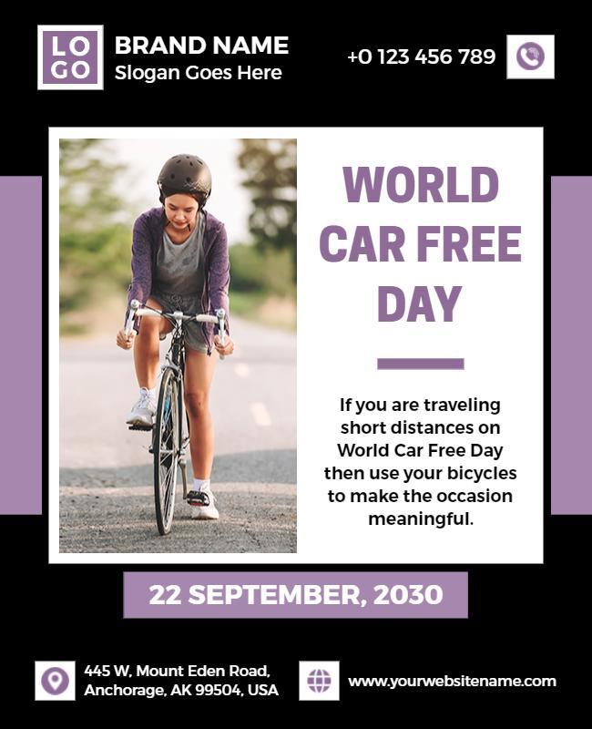 Vibrant Purple World Car Free Day Bicycle Awareness Poster Template