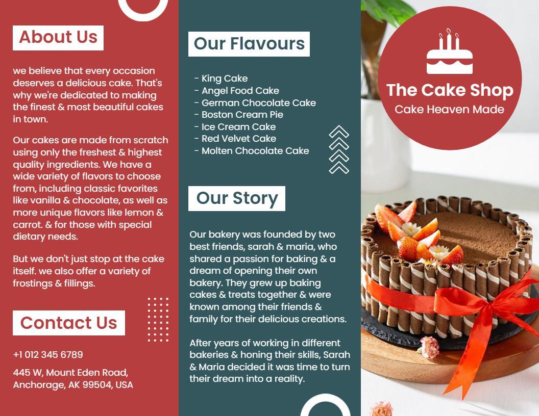Vibrant Red and Teal Bakery Cake Shop Flavours Brochure Template