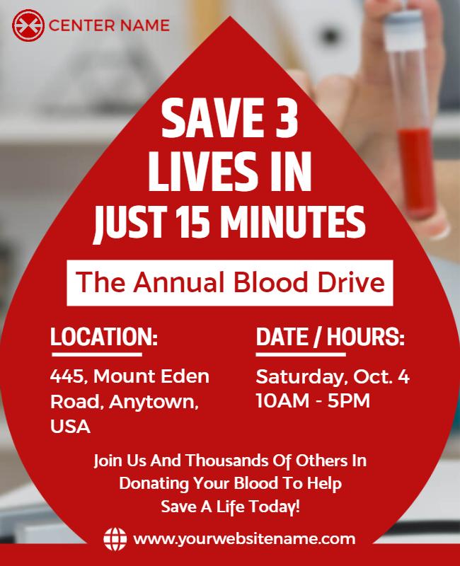 Vibrant Red Annual Blood Drive Donation Event Poster Template