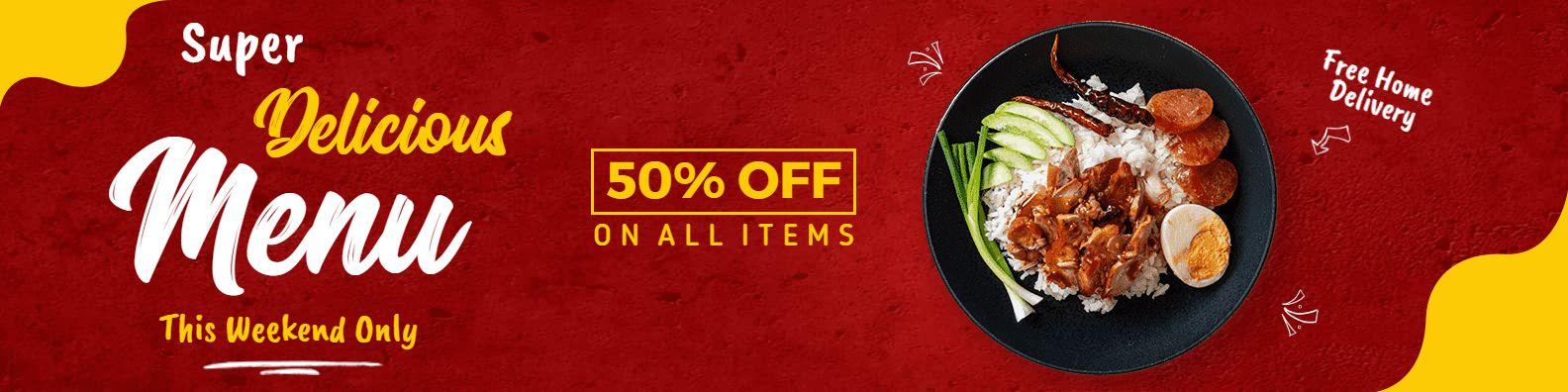 Vibrant Red Background Featuring Delicious Food Weekend Menu Banner Template