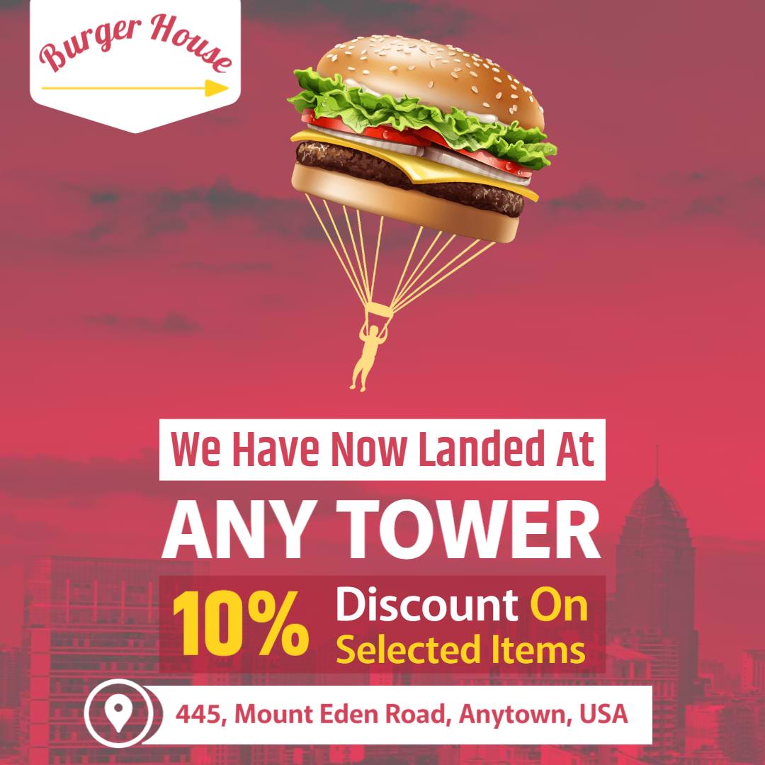 Vibrant Red Burger House Grand Opening Discount Ad Template