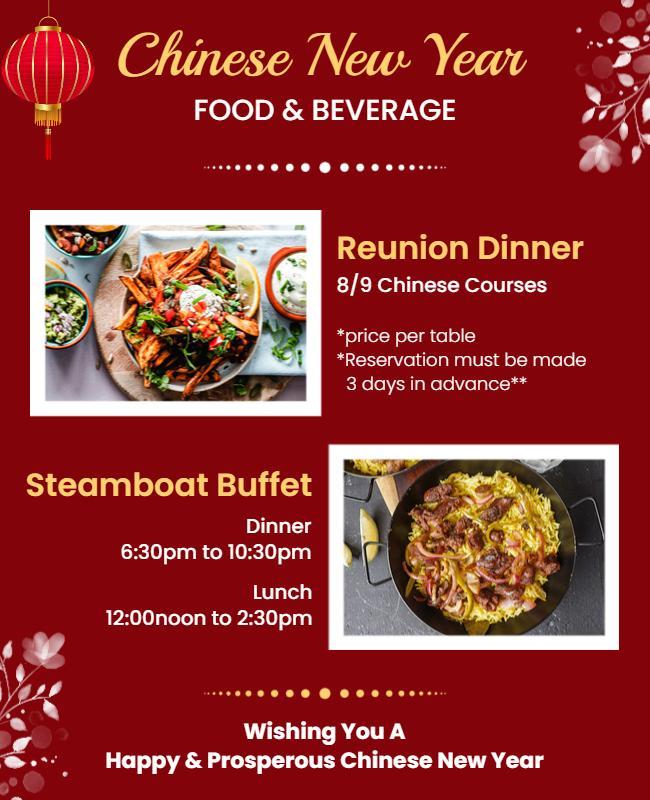 Vibrant Red Chinese New Year Food and Beverage Menu Poster Template