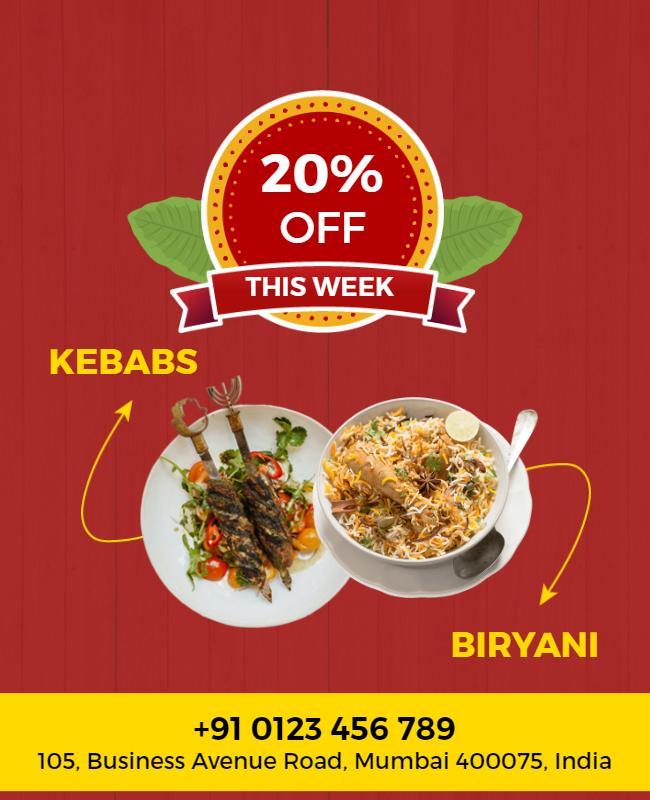 Vibrant Red Discount Kebab and Biryani Food Poster Template