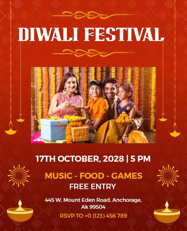 Vibrant Red Diwali Festival Celebration Poster Template