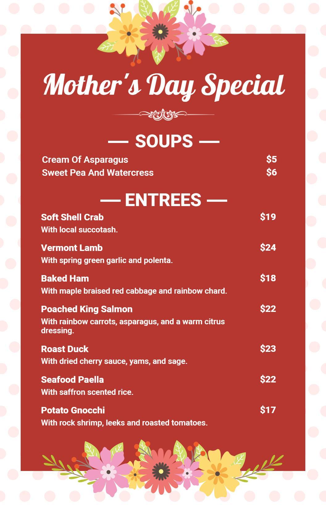 Vibrant Red Floral Mother's Day Menu Template