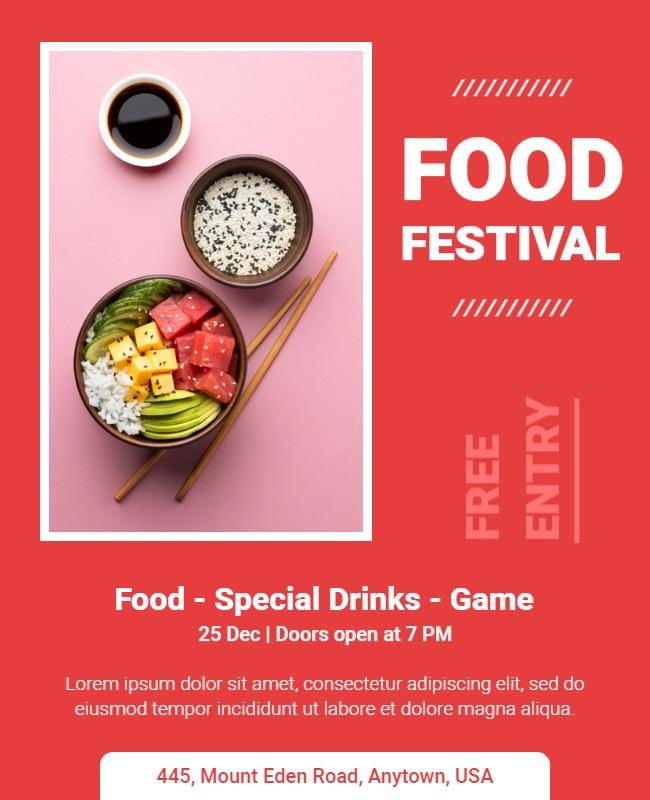 Vibrant Red Food Festival with Special Drinks and Games Poster Template
