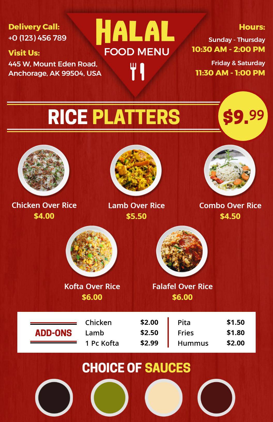 Vibrant Red Halal Cuisine Selection Menu Template