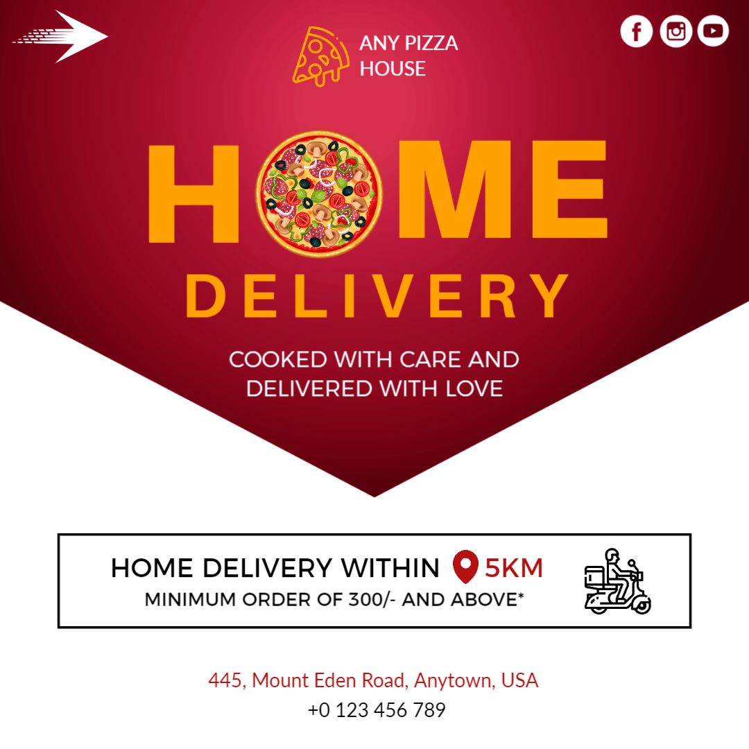 Vibrant Red Home Delivery Pizza Offer with Care Message Ad Template