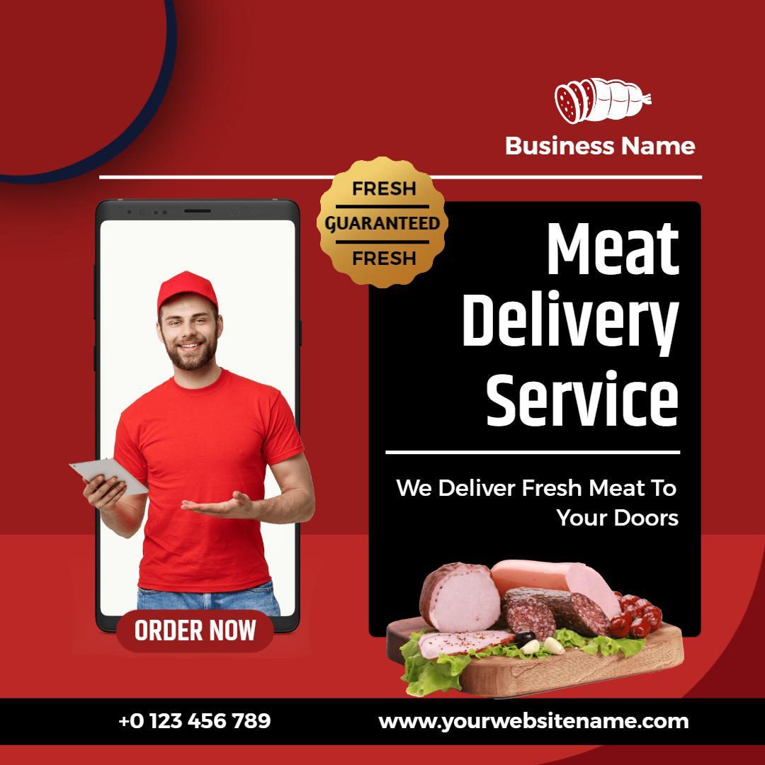 Vibrant Red Meat Delivery Service with Fresh Guarantee Ad Template