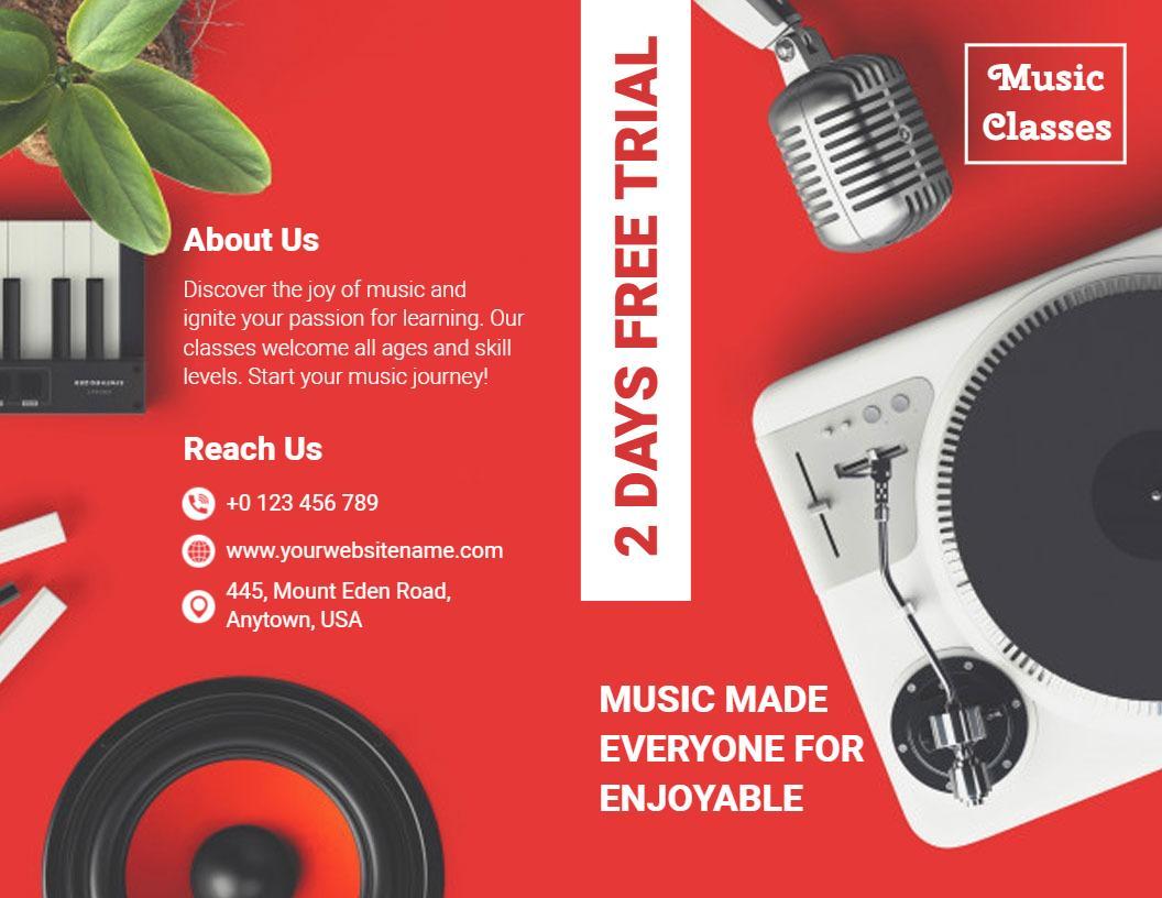 Vibrant Red Music Classes Free Trial and Skill Development Brochure Template