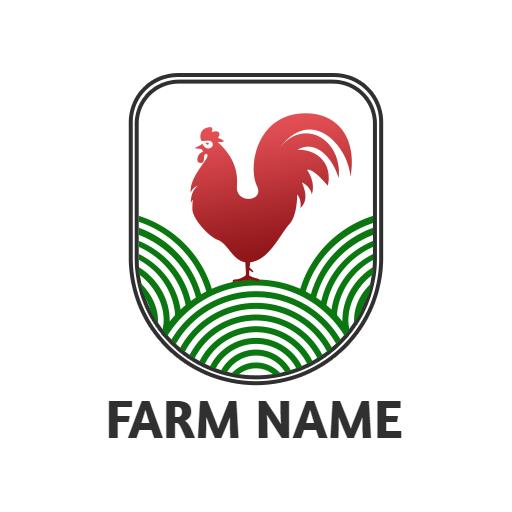 Vibrant Red Rooster on Green Hills Represents Farm Logo Template