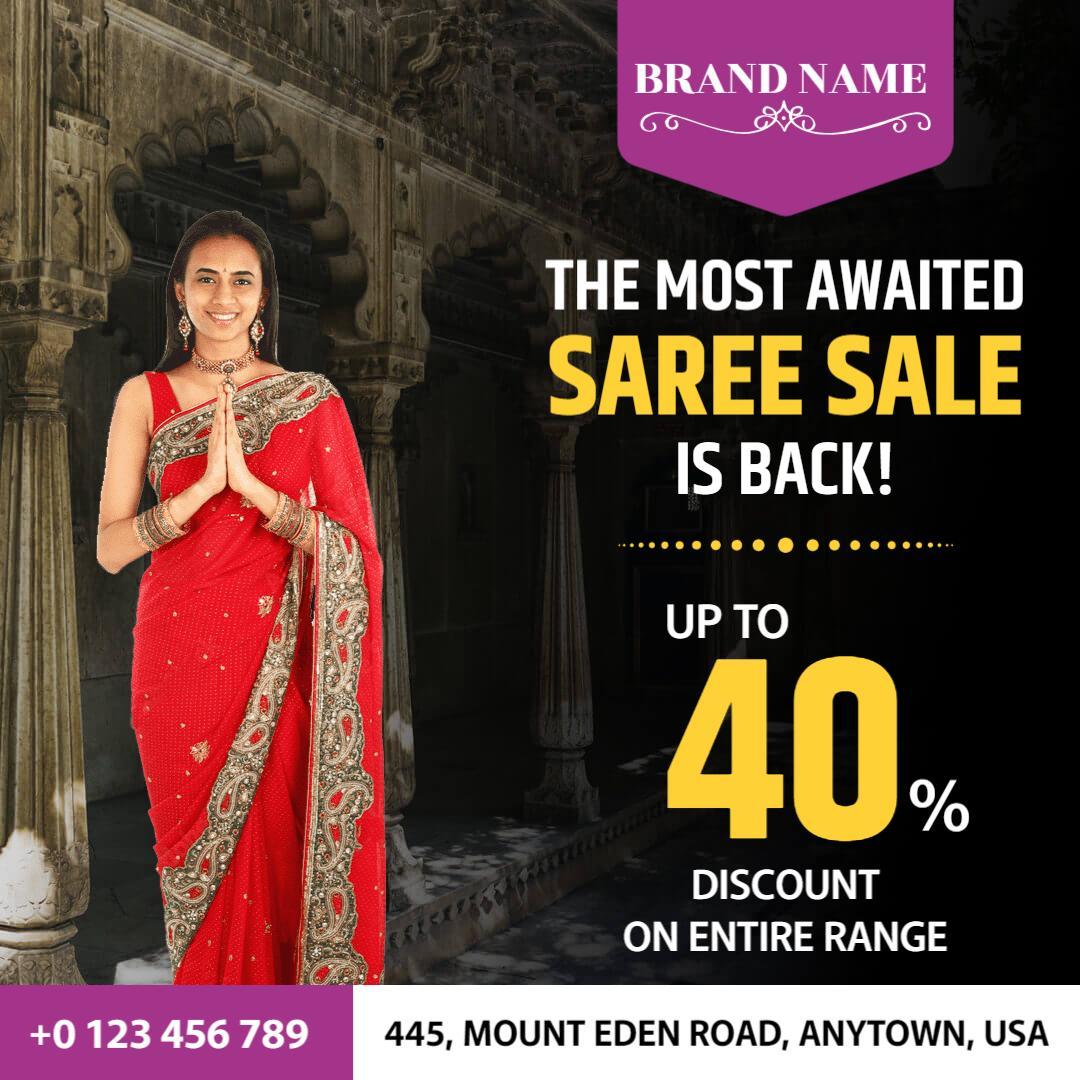 Vibrant Red Saree Sale with Discount Announcement Ad Template