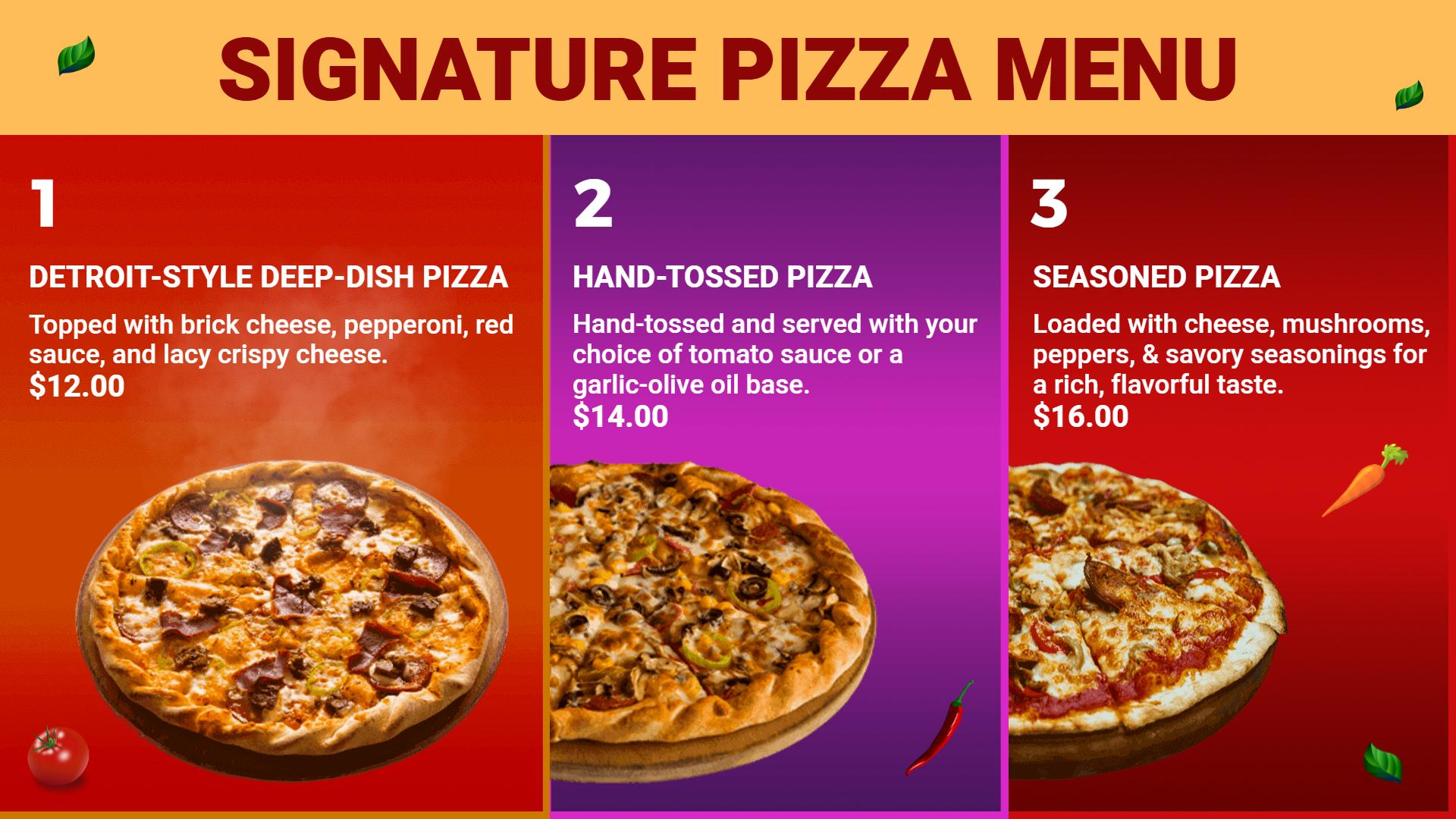 Vibrant Red Signature Pizza Selection Menu Template