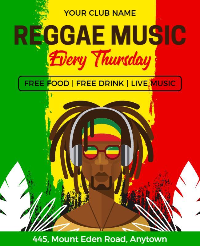 Vibrant Reggae Music Night with Free Food and Drinks Flyer Template