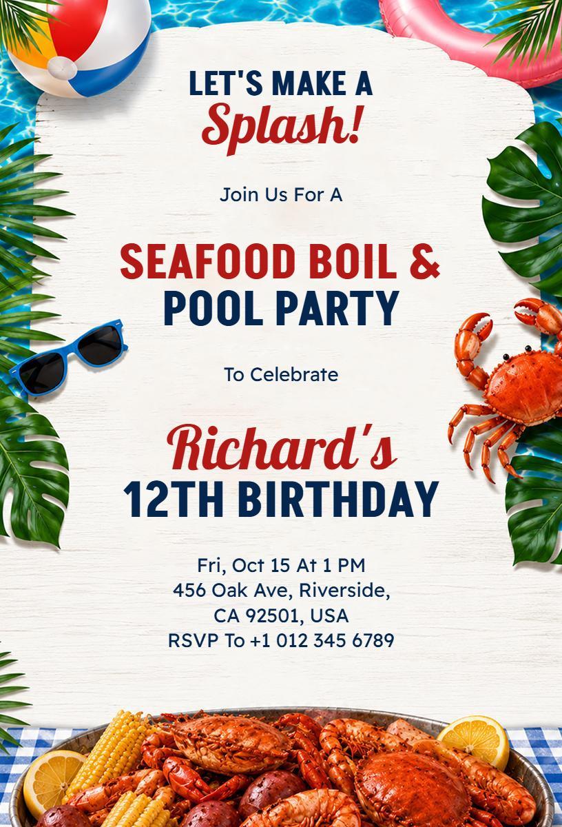 Vibrant Seafood Boil Pool Party Celebration Invitation Template