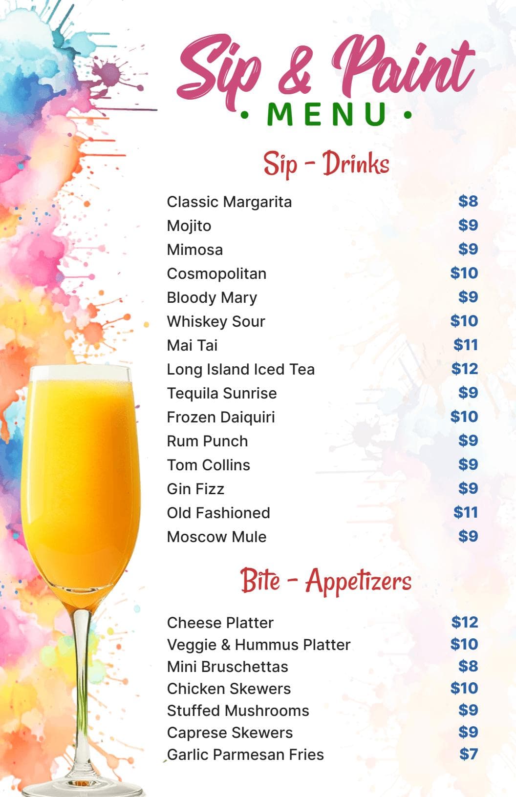 Vibrant Sip and Paint Cocktails and Appetizers Bar Menu Template