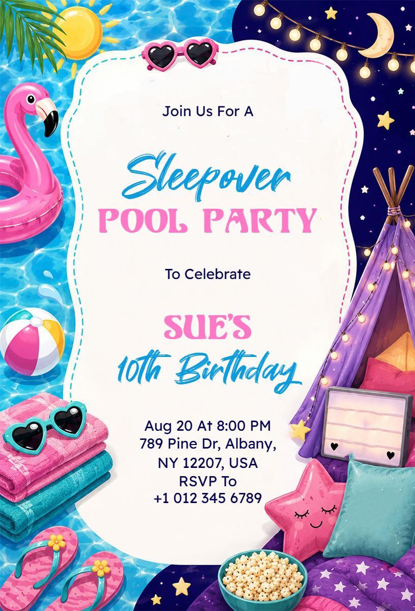 Vibrant Sleepover Pool Party Birthday Celebration Invitation Template