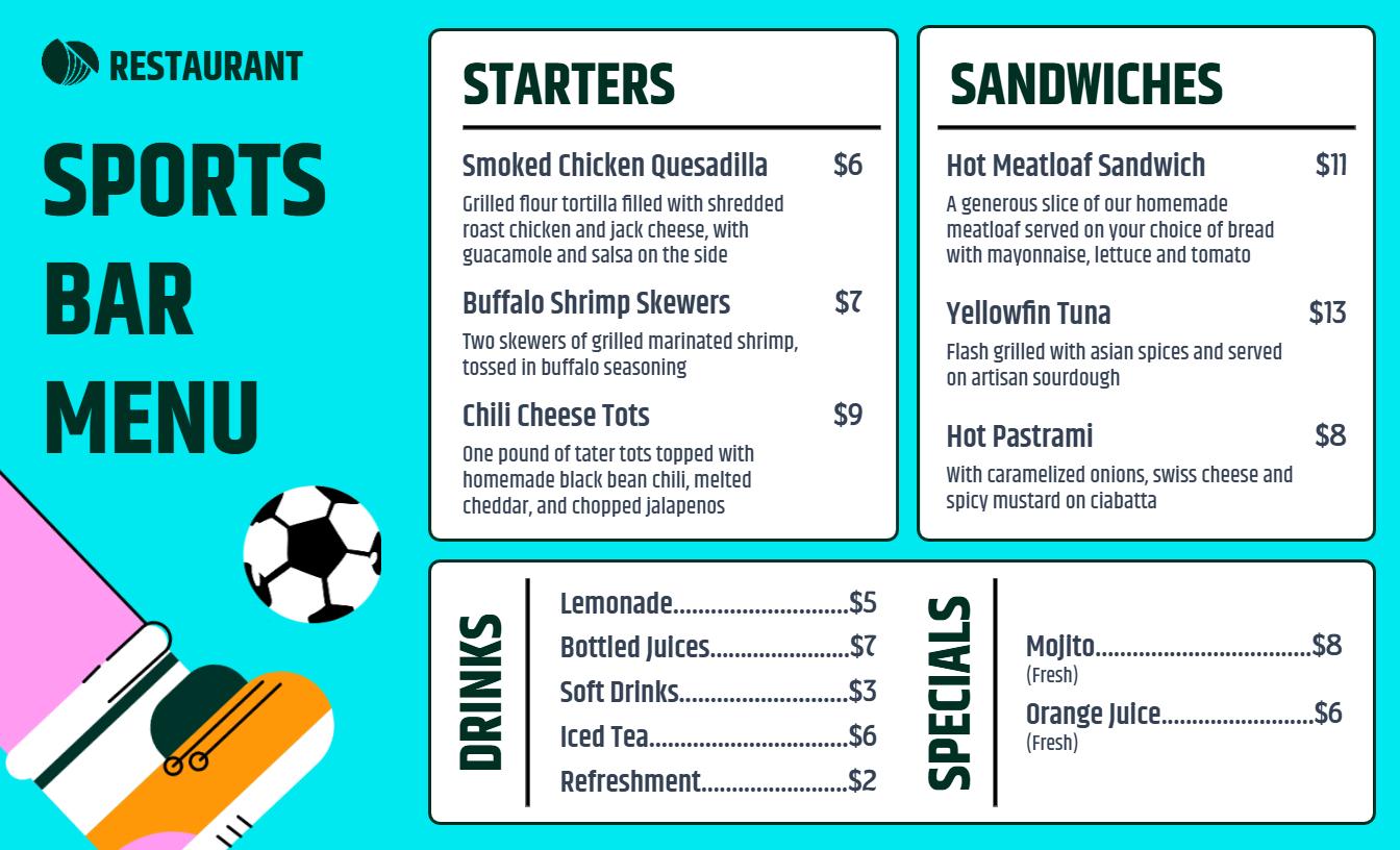 Vibrant Soccer Graphics Sports Bar Menu Template