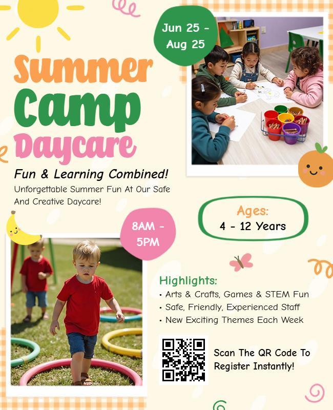 Vibrant Summer Camp Daycare Activities Flyer Template