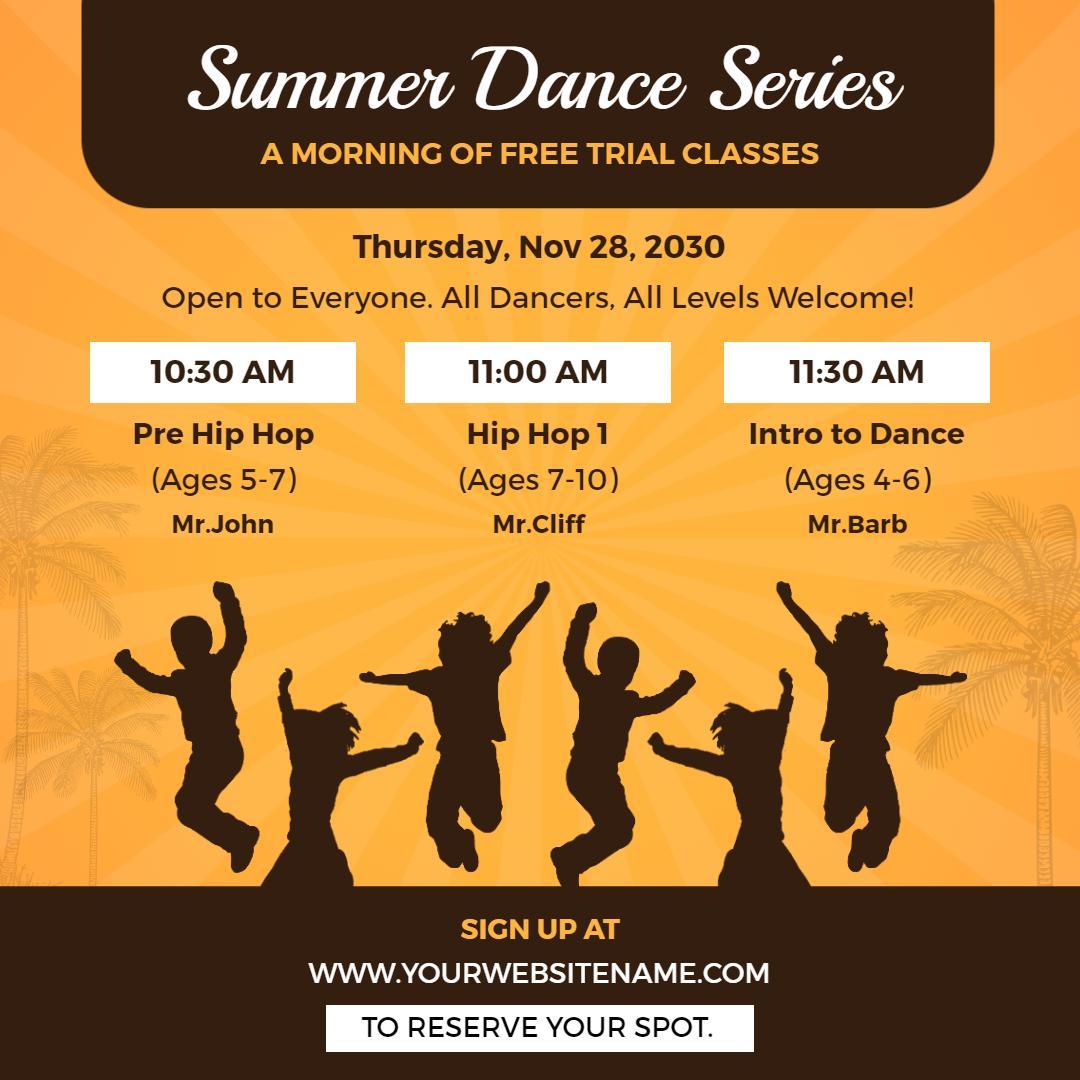 Vibrant Summer Dance Classes Event with Free Trials Ad Template