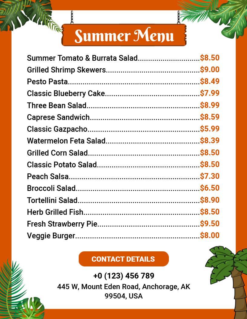 Vibrant Summer Dishes Menu Template