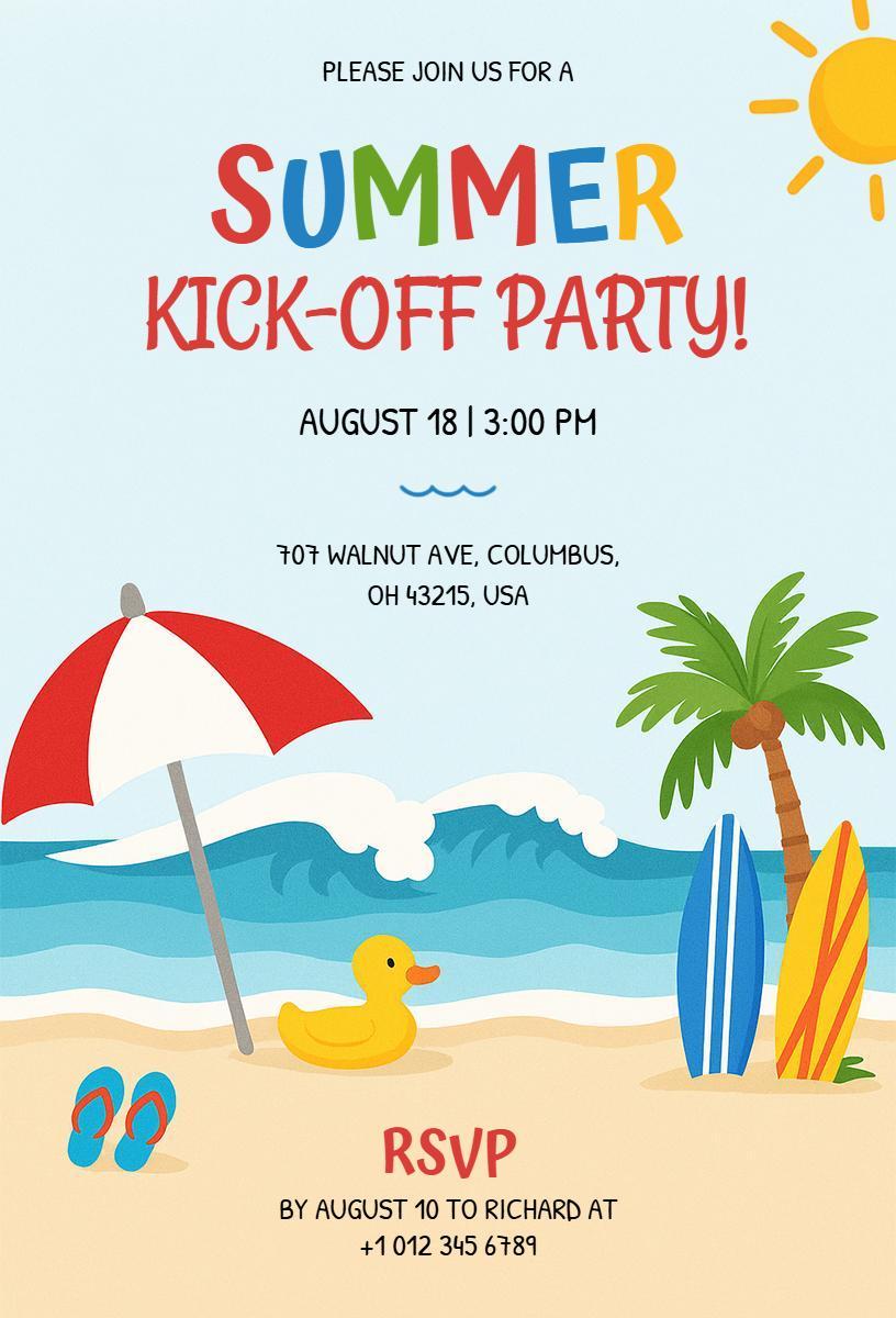 Vibrant Summer Kick-Off Beach Party Celebration Invitation Template