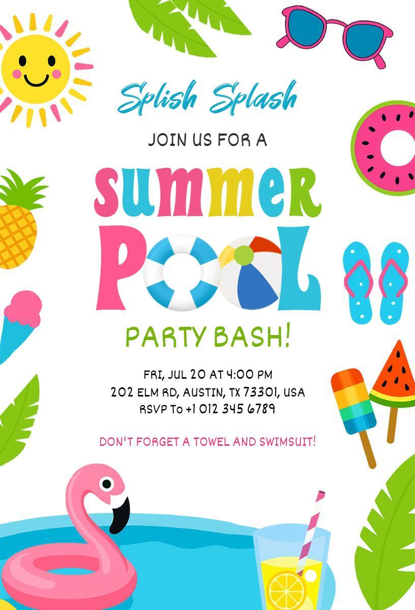 Vibrant Summer Pool Party Bash Celebration Invitation Template