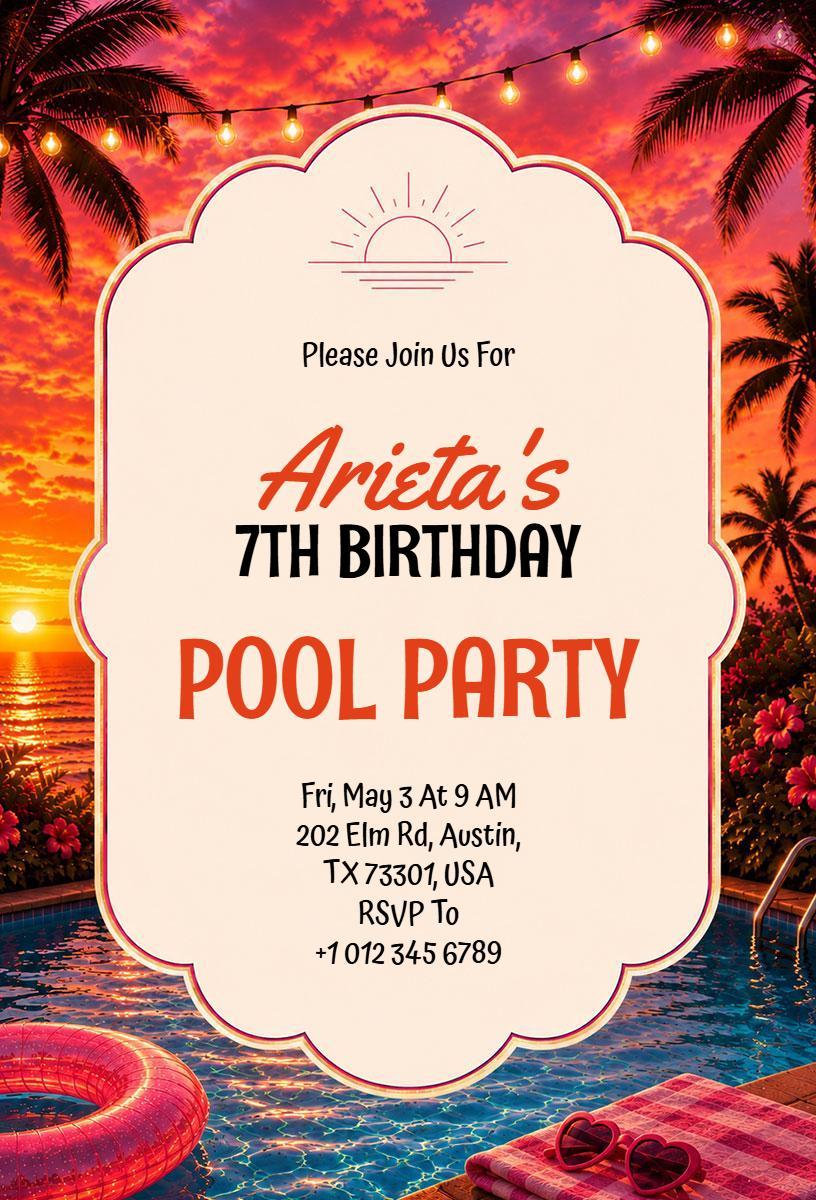 Vibrant Summer Pool Party Celebration Birthday Invitation Template