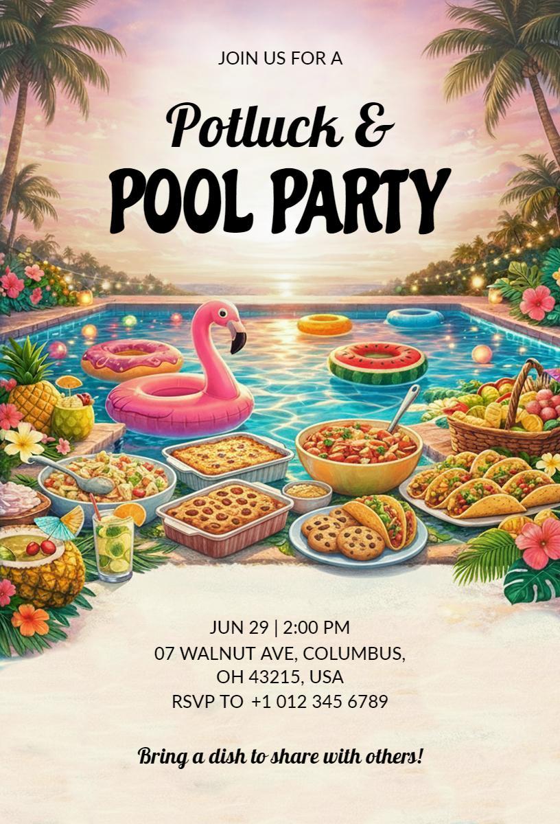 Vibrant Summer Pool Party Potluck Celebration Invitation Template