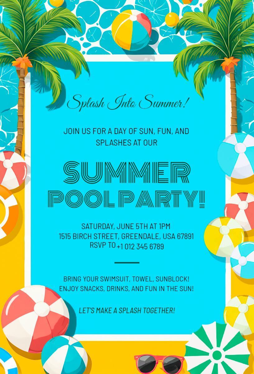 Vibrant Summer Pool Party Splash Celebration Invitation Template