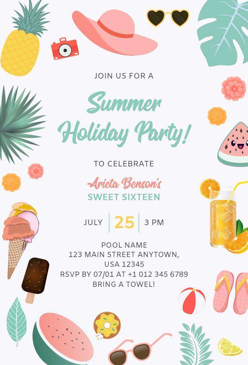 Vibrant Summer Sweet Sixteen Holiday Party Invitation Template