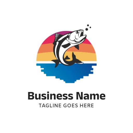 Vibrant Sunset Over Lake with Fish Illustrating Fishing Logo Template
