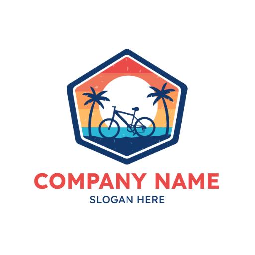 Vibrant Sunset Over Water with Bicycle and Palm Trees Logo Template