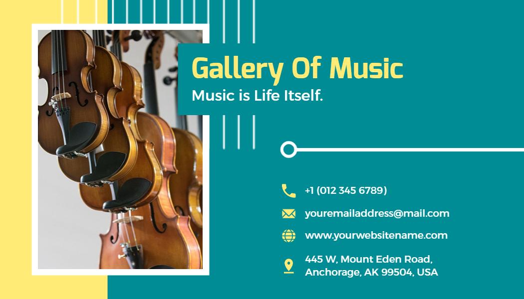 Vibrant Teal Musical Instruments Showcase Business Card Template