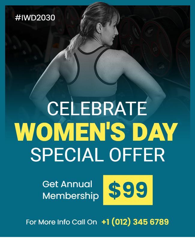 Vibrant Teal Women's Day Fitness Membership Offer Poster Template
