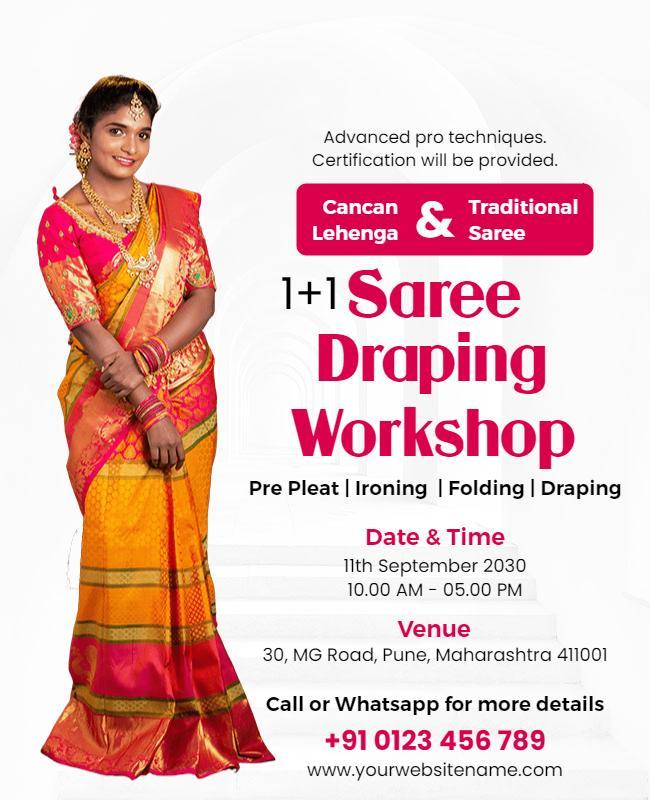 Vibrant Traditional Saree Draping Workshop Registration Poster Template