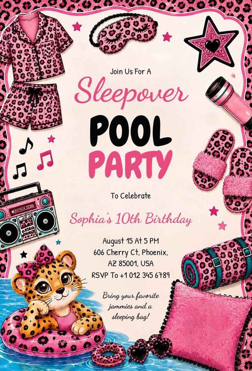 Vibrant Trendy Pool Sleepover Birthday Celebration Invitation Template