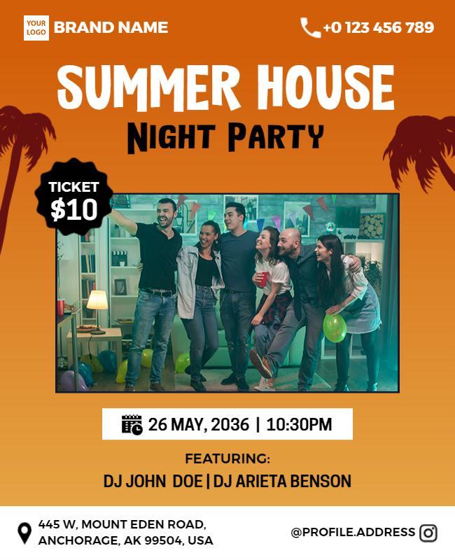 Vibrant Tropical Summer House Night Party Poster Template