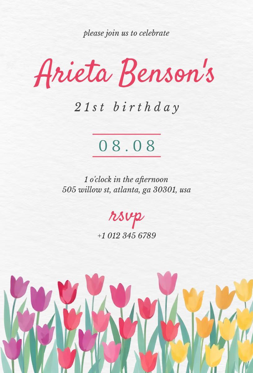 Vibrant Tulip Floral 21st Birthday Celebration Invitation Template