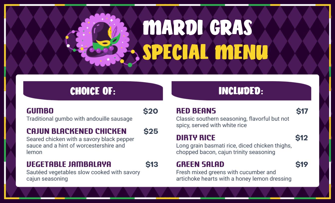 Vibrant Vegetable Jambalaya with Classic Sides Mardi Gras Menu Template