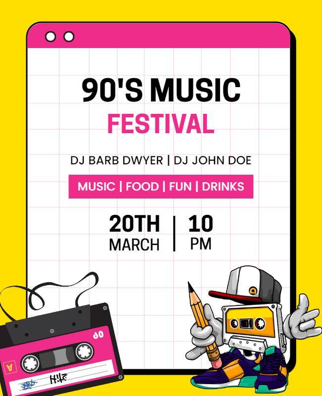 Vibrant Yellow 90's Music Festival Retro Poster Template