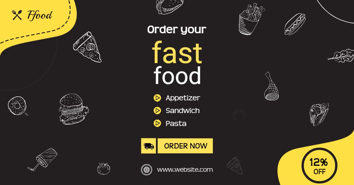 Vibrant Yellow and Black Fast Food Promotion Facebook Ad Banner Template