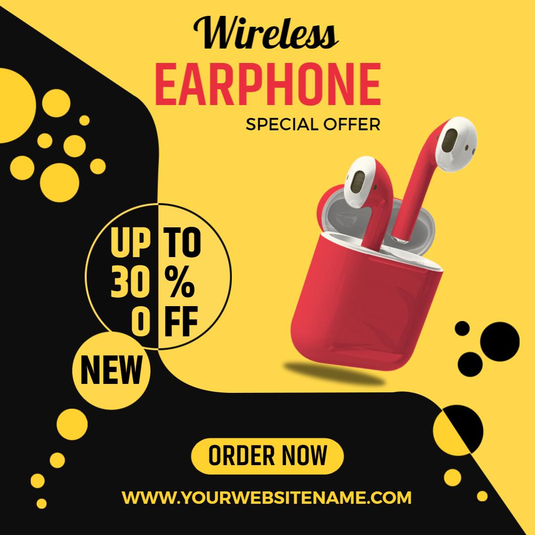 Vibrant Yellow and Black Wireless Earphone Special Offer Ad Template