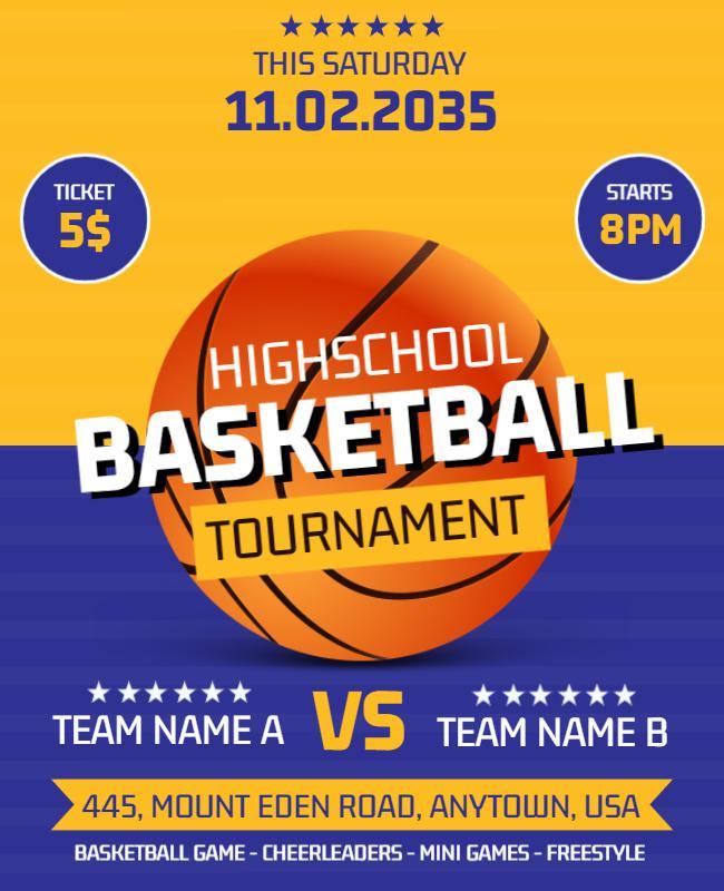 Vibrant Yellow and Blue High School Basketball Tournament Poster Template