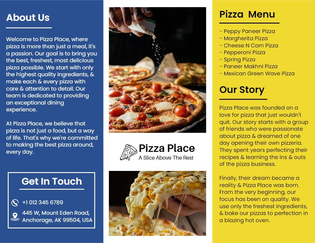 Vibrant Yellow and Blue Pizza Menu and Restaurant Brochure Template