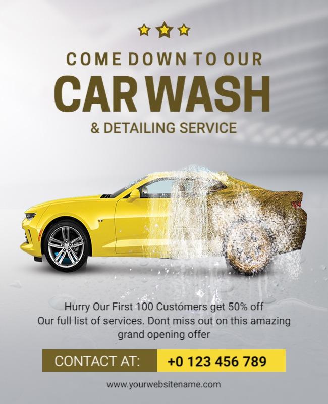 Vibrant Yellow Car Wash Promotion and Detailing Service Poster Template