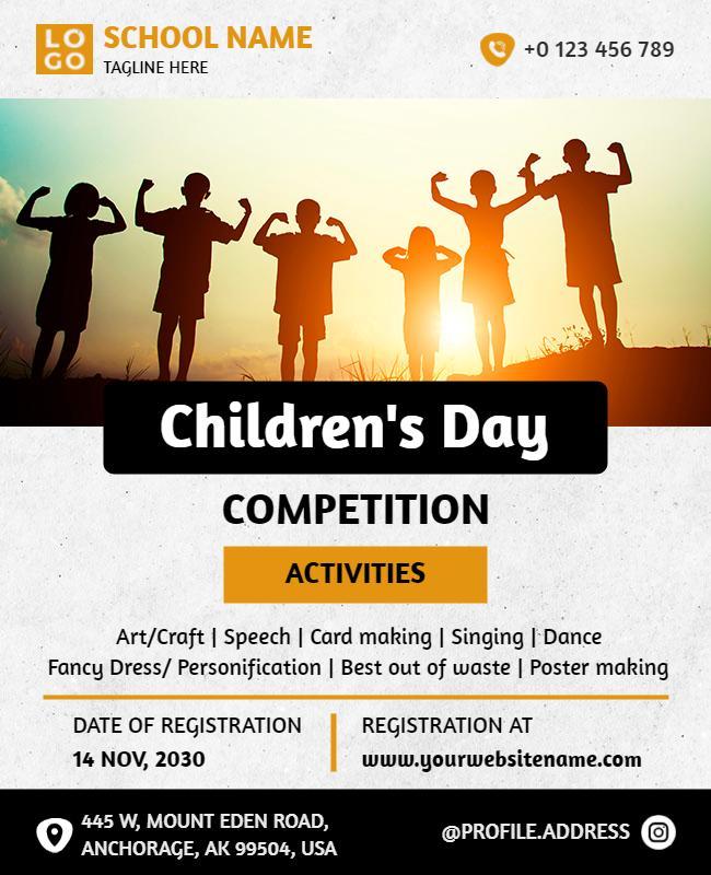 Vibrant Yellow Children's Day Competition Activities Poster Template