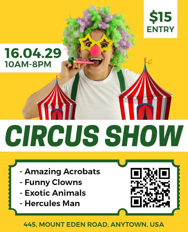 Vibrant Yellow Circus Show with Clowns and Acrobatics Poster Template